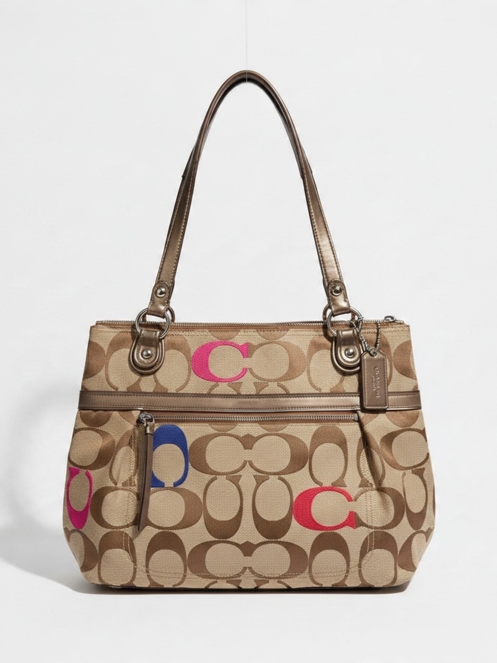 Coach Poppy Signature Canvas Tote Bag in Khaki with Pink & Blue Accents